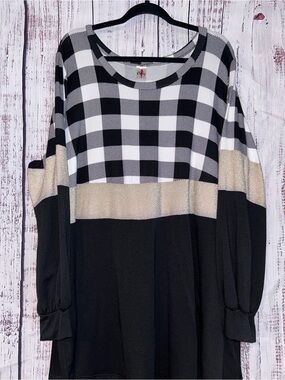 Plaid Colorblock Tunic with Gold Band - Women's Black/White
